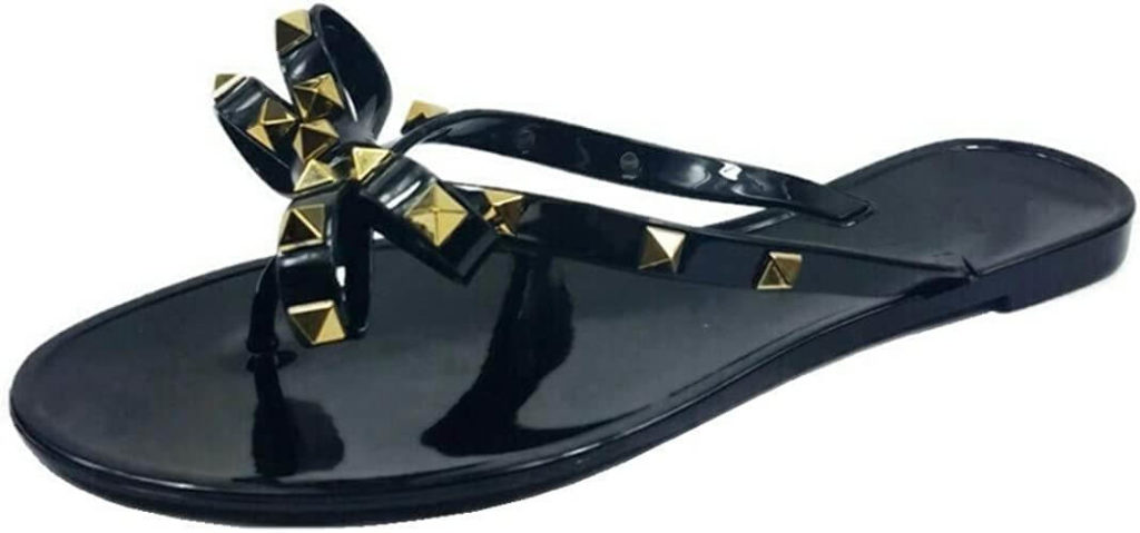 Women's Studded Flip Flops with Bow Open Toe Jelly Sandals